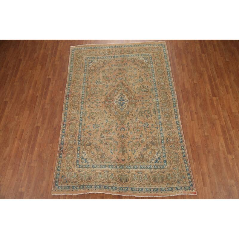 Hand Knotted Oriental 100% Wool Carpet Traditional Floral Oranges & Rust Mashad Area Rug - 9' 6'' X 6' 3''