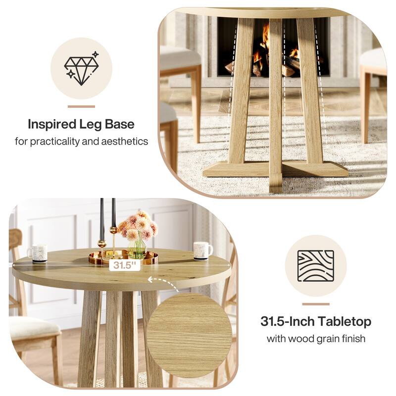 31.5” Round Dining Table Farmhouse Small Kitchen Table with Base - Natural Wood Color - N/A