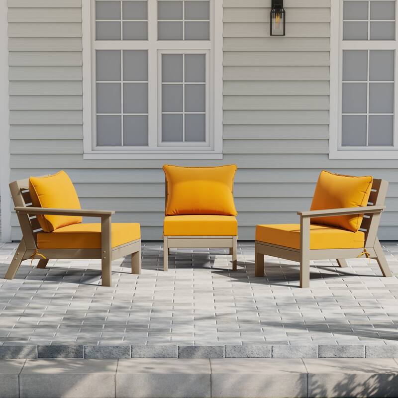 Birchwood All Weather HDPE Outdoor Patio Deep Seating Weathered Wood Sofa With Cushions (3-Piece) - Weathered Wood/Yellow