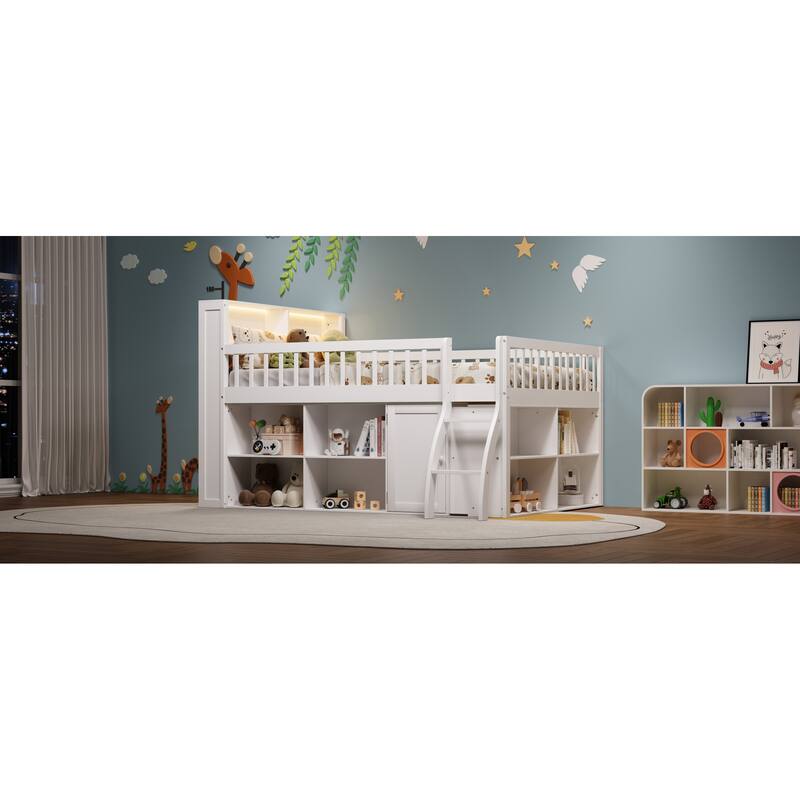 Roomfitters Full/Queen Loft Bed with Storage Shelves and LED Headboard