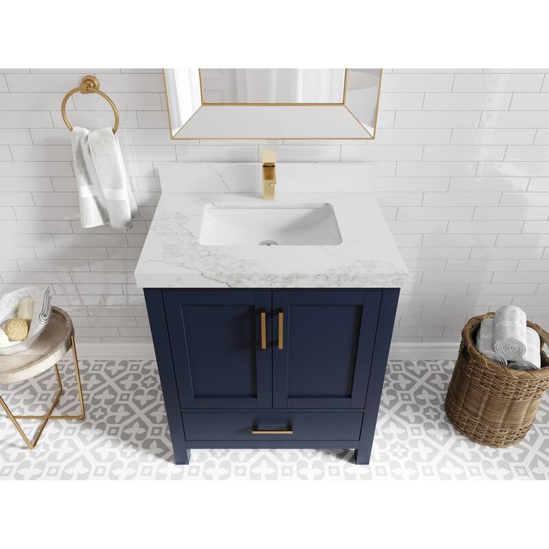 Willow Collections 30 in. W x 22 in. D Malibu Single Sink Bathroom Vanity with Countertop - 2" Calacatta Nuvo - Navy Blue