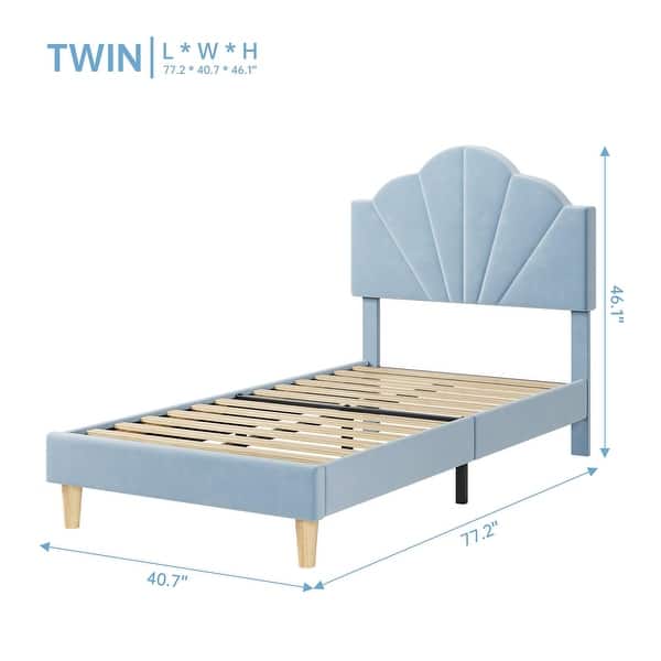 dimension image slide 3 of 4, Modern Velvet Upholstered Bed Frame, Platform Bed with Height Adjustable Headboard for Boys Girls, Wood Slat Support
