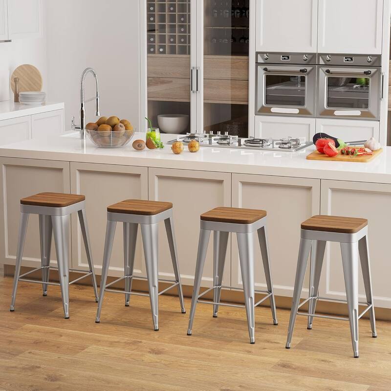 Counter & Bar Stools with Metal Frame Kitchen Stools Backless Kitchen Bar Furniture Stools with Square Wooden Seat