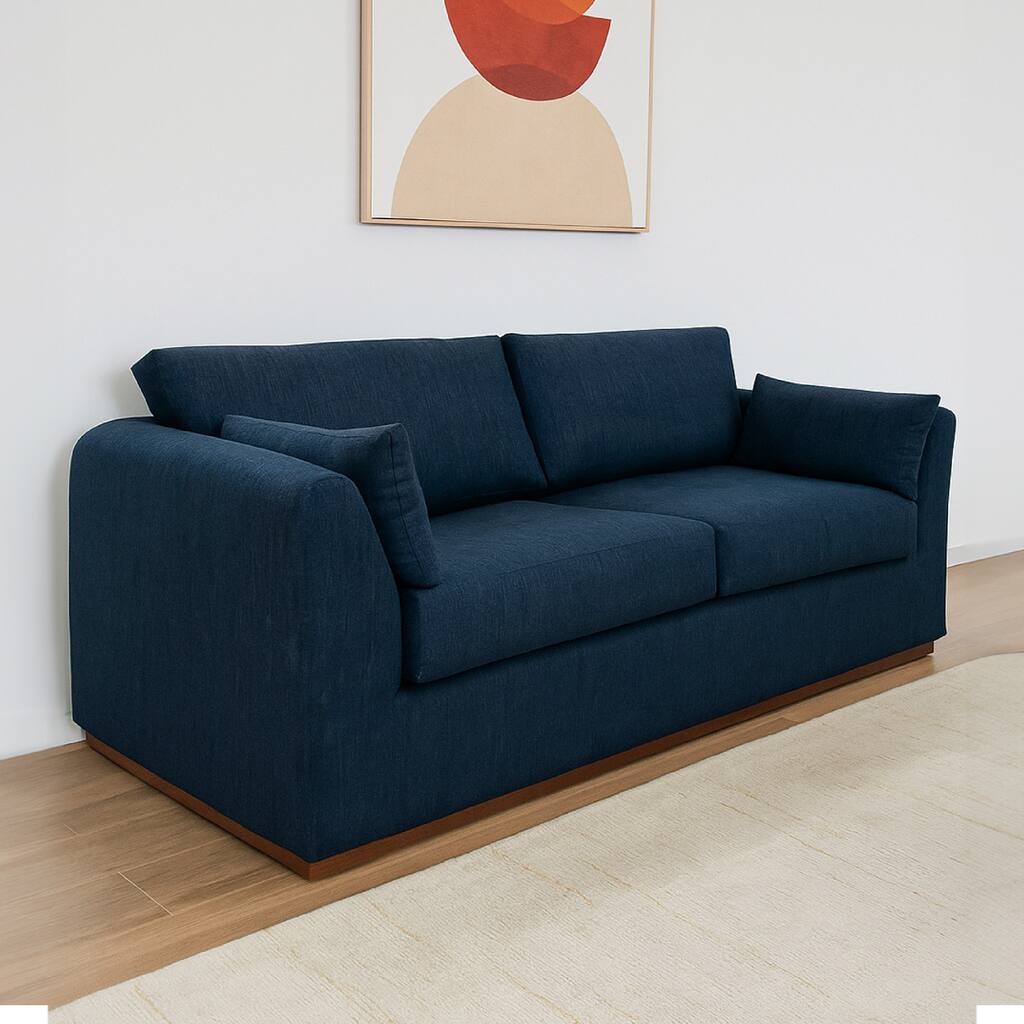 Sian Sofa, Navy Blue Polyester, 2 Throw Pillows, Solid Pine Wood, 90 Inch