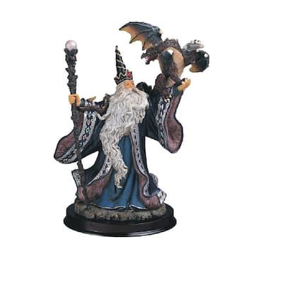 Q-Max 9"H Blue Wizard with Magic Wand and Dragon