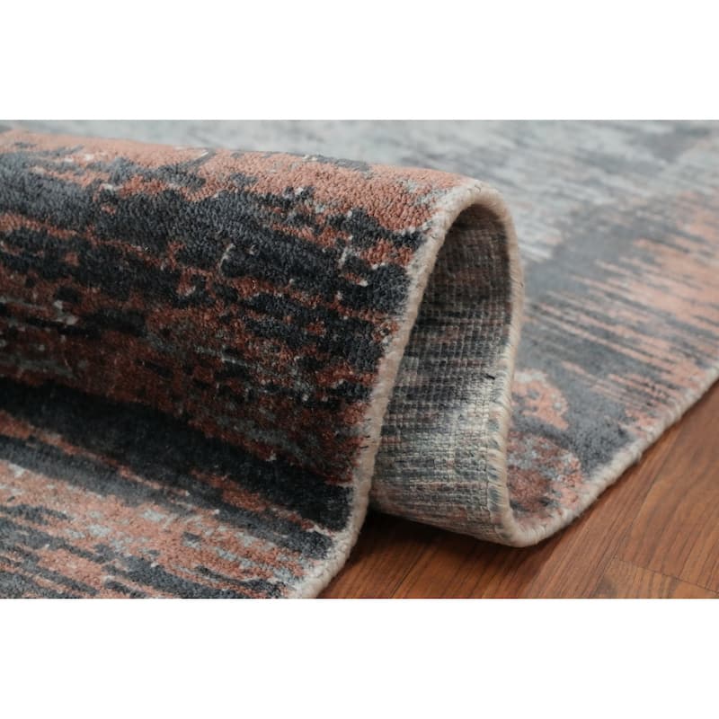 Hand Knotted Oriental Viscose Silk Carpet Modern Pictorial Navy Blue & Blues Abstract Area Rug - 7' 5'' X 5' 6''