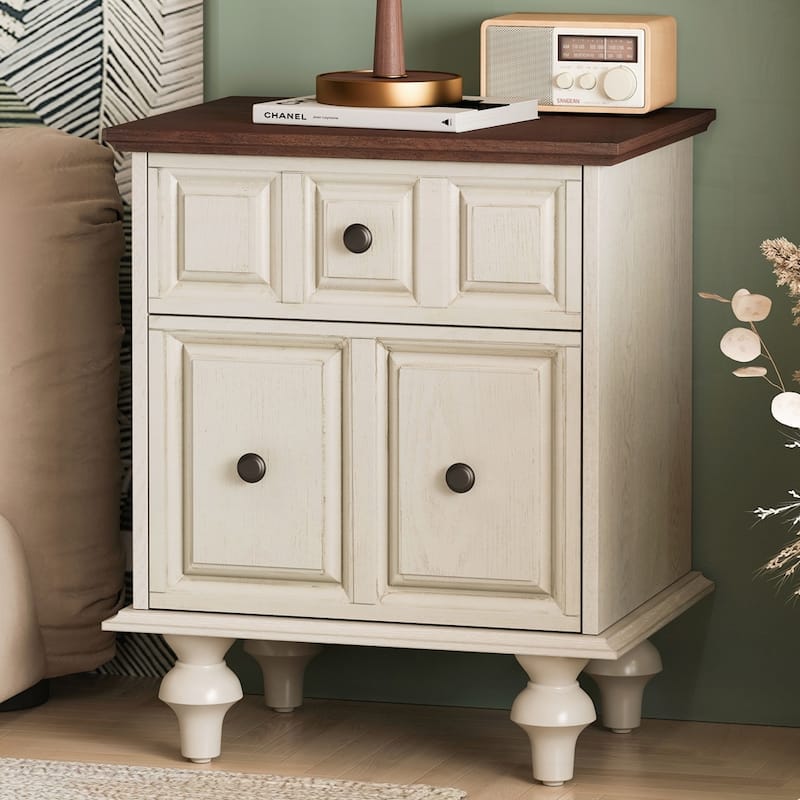 Wood NightStand with Metal Handle - Antique White/1-Piece - 2-drawer