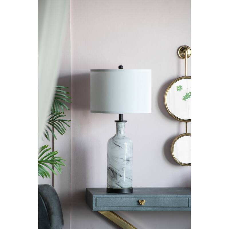 14x14x28.5" Sarris Tall Gray & White Swirl Glass Table Lamp w/ Linen Shade, Back Metal Base