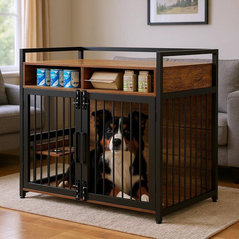 Heavy Duty Dog Crate Furniture, with Double Doors & Storage - 48"