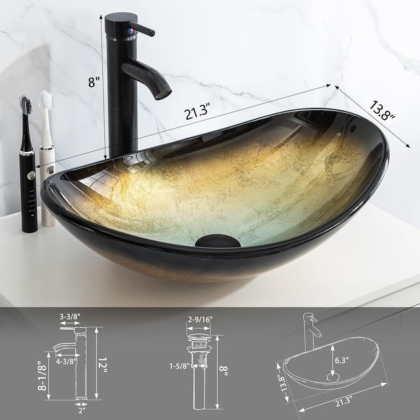 dimension image slide 9 of 14, Eclife Modern Bathroom Sink Tempered Glass & Ceramic Artisan Basin for Vanity
