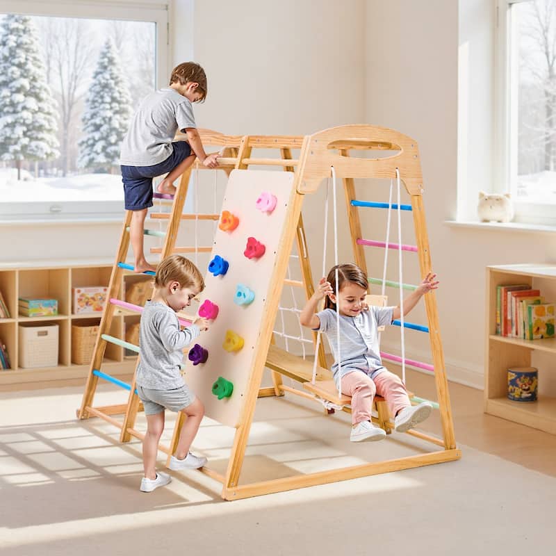 Colorful 9 in 1 Indoor Playground Jungle Gym for Kids with Extended Slide Swing Climbing Net Monkey Bars and 250 lbs Capacity