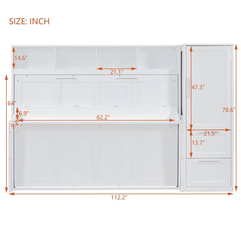 Queen Size Murphy Wall Bed with Closet, Drawers and Shelf Storage, Foldable Cabinet Bed with Custom Layout