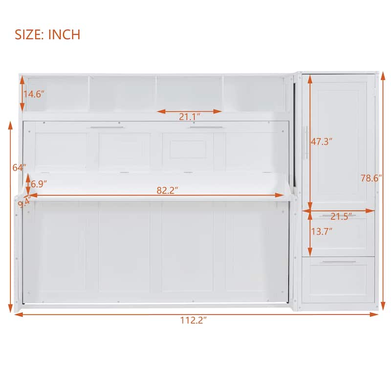 Space Saving Murphy Bed with Integrated Storage, Wood Foldable Wall Platform Bedframe with Closet, Shelves and Drawers