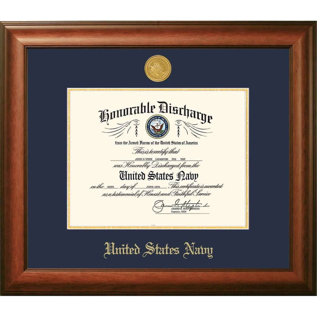 Patriot Frames Navy 8.5x11 Discharge Walnut Frame Gold Medallion