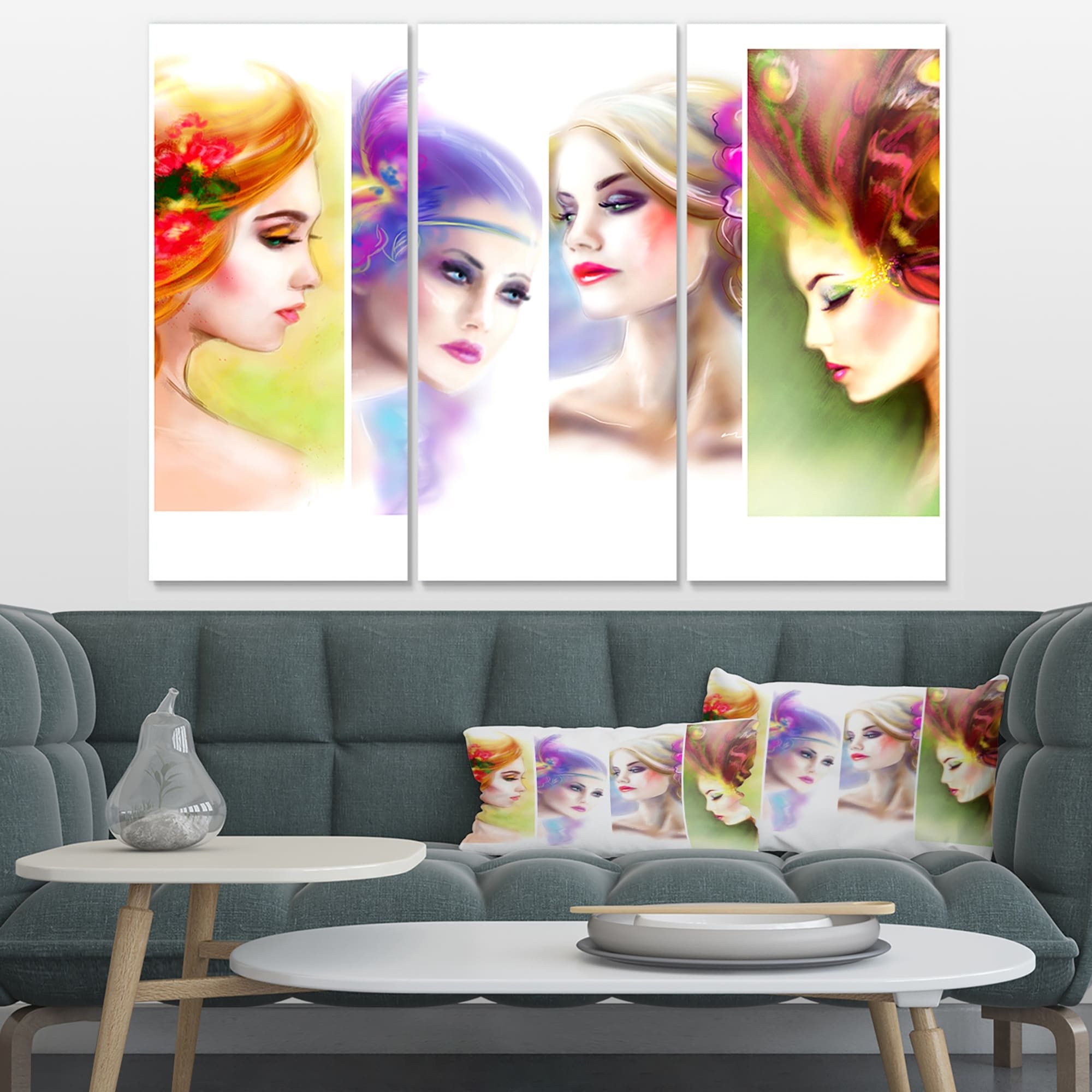 Designart 'Colorful Faces' Abstract People Print on Wrapped Canvas Set - 36x28 - 3 Panels - 36 in. Wide x 28 in. High