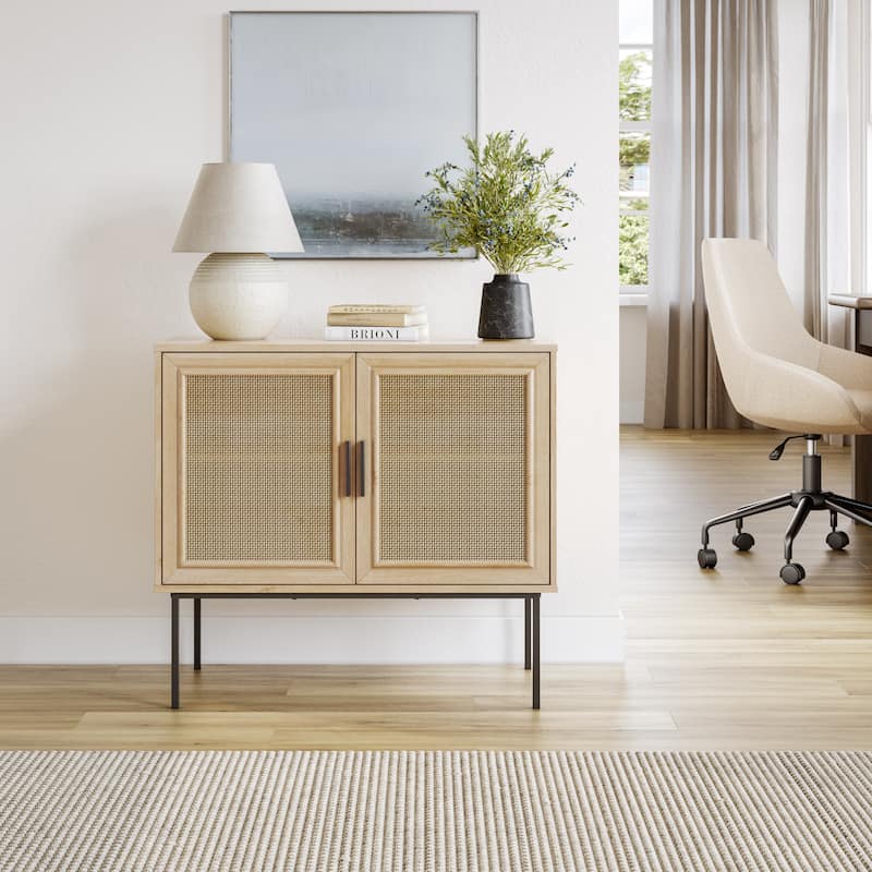 2-Door Rattan Sideboard Storage Cabinet - Light Wood