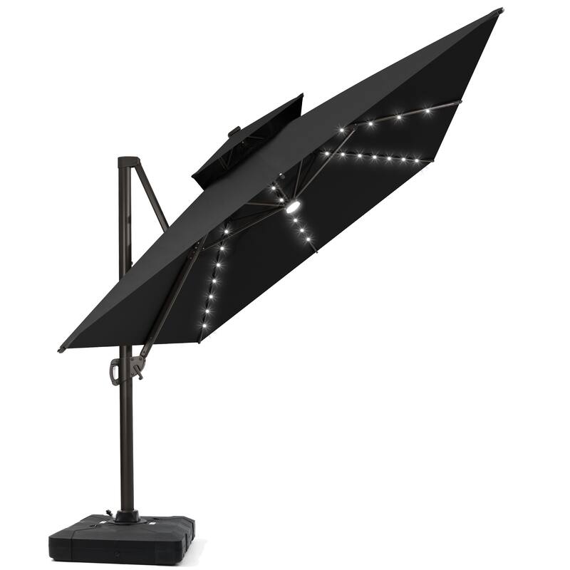 13 x 10ft Outdoor Aluminum Dual Top Patio Cantilever Umbrella LED Light with Weights Base - Black