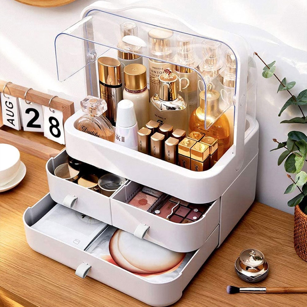 YAMAZAKI Home Tower Large Makeup Organizer Cosmetic Caddy with Handle  Vanity Storage Drawer with Lid - Steel + Wood -,White