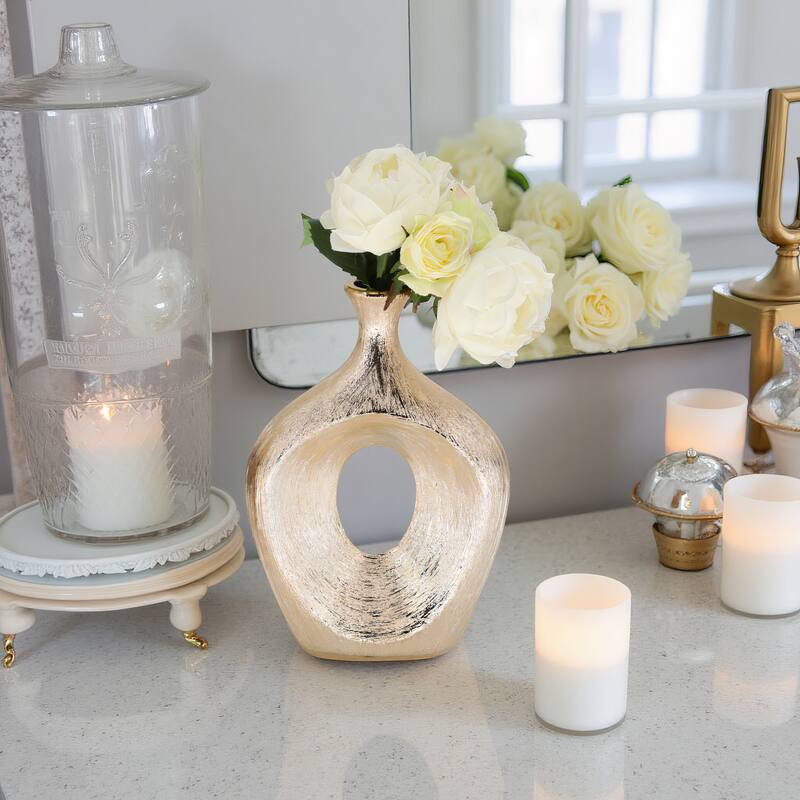 Modern Ceramic Textured Oval Cut-Out Vase - Home Decor - 13"