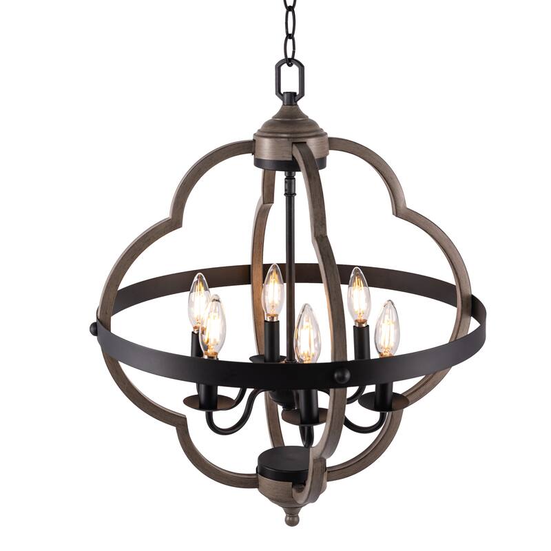 6-light pendant with black&wood finish and steel cage shade