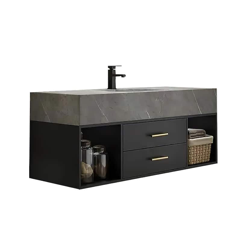 39-Inch Modern Solid Wood Floating Dresser with Ceramic Sink 2 Drawers and Shelves Pre-Installed Black