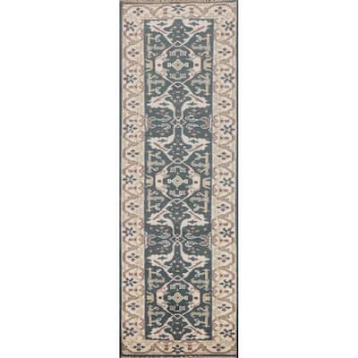 Green & Ivory Oushak Oriental Runner Rug Handmade Wool Carpet - 2'7"x 10'0"