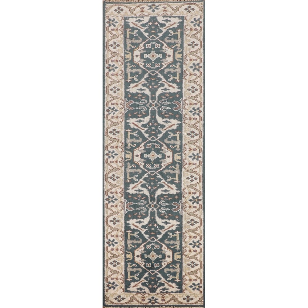 Green & Ivory Oushak Oriental Runner Rug Handmade Wool Carpet - 2'7"x 10'0"