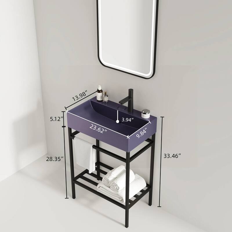 GDFStudio - Lofi Modern 24" Bathroom Vanity with Glossy Rectangular Ceramic Basin & Open Metal Storage Shelf, WITHOUT Faucet