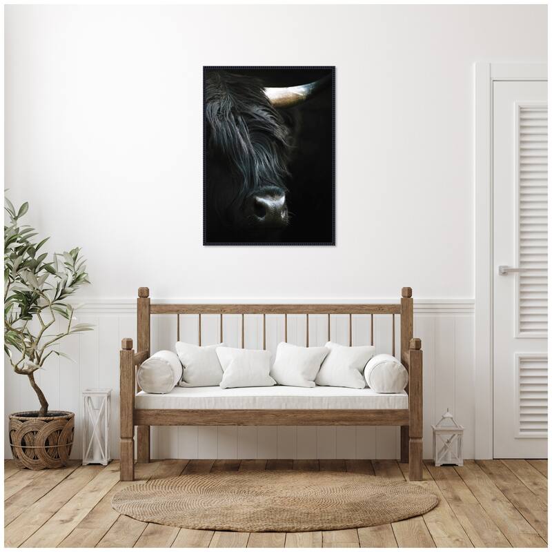Kate and Laurel Minimalist Black Highland Cow VERTICAL CROP by Michael Schauer Framed Canvas Wall Art Print