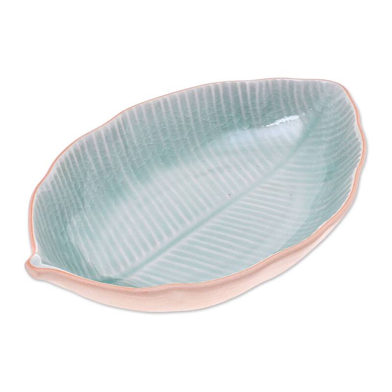 Novica Handmade Thai Leaf Celadon Ceramic Serving Bowl