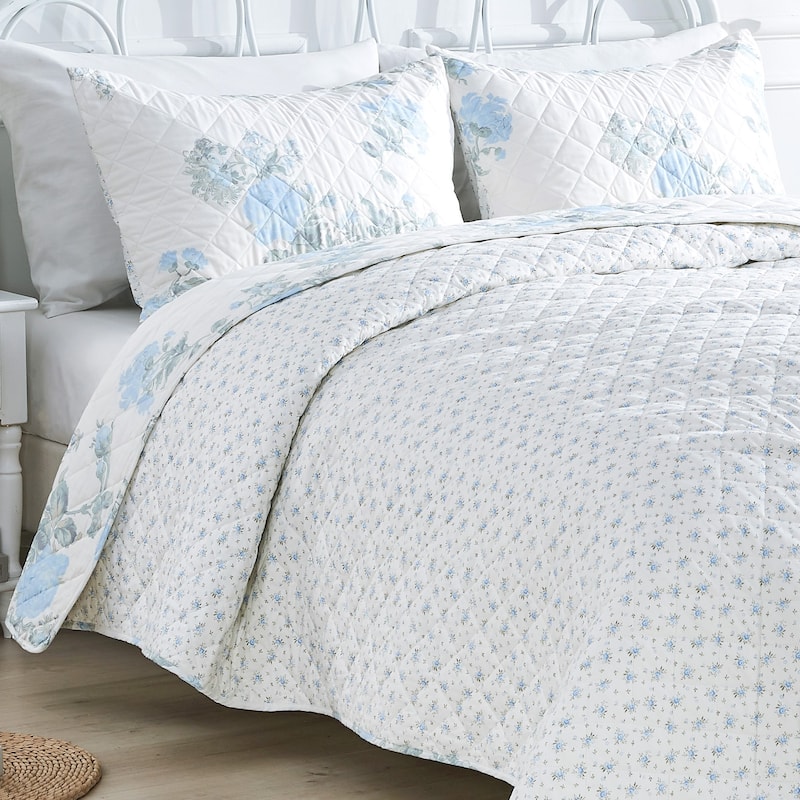 Floral Stripe Printed Prewashed Percale Cotton Quilt Set
