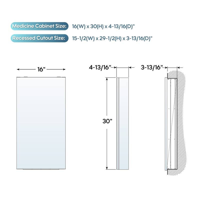 Recessed or Surface Wall Mount Bathroom Medicine Cabinet With Adjustable Glass Shelves