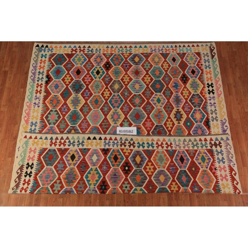 Orange Geometric Kilim Oriental Area Rug Hand-Woven Wool Carpet - 8'10"x 9'10"