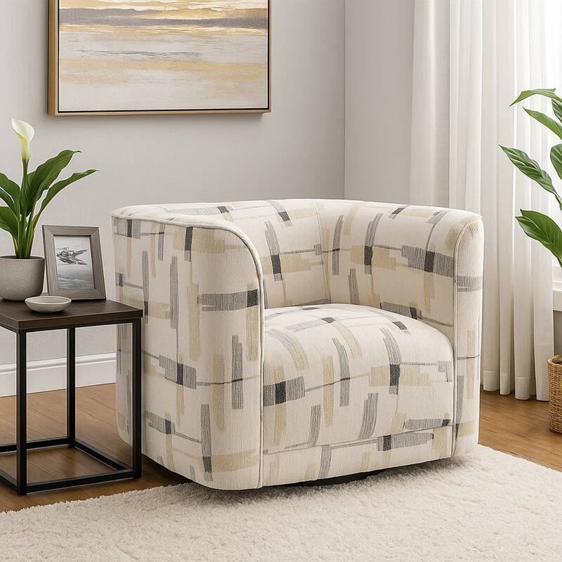 Lenu Swivel Accent Sofa Chair, Beige Pattern Fabric, Boxy Padded Seat