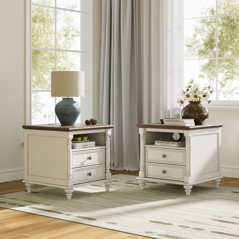 Farmhouse Nightstand Set of 2 with Solid Wood Feet, Charging Station