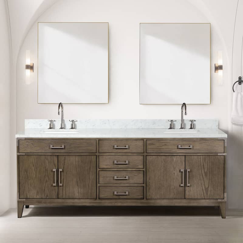Lexora Laurel Bath Vanity, Carrara Marble Top, and Mirror - 84 Inch - Grey Oak