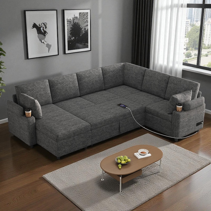 109.9" U-Shaped Convertible Sectional Sofa Bed with Storage Chaise Cup Holders Power Outlets USB Ports Chenille Couch - Grey