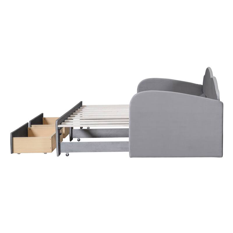 Twin Size Upholstered daybed with Cloud-Shaped Backrest, Trundle & 2 Drawers and USB Ports, Gray