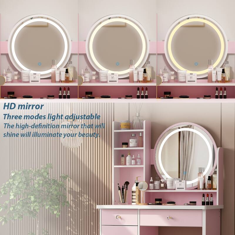 Timechee 31.5" Wide Makeup Vanity Set with Stool, Mirror,3 Color Light - 31.5"W