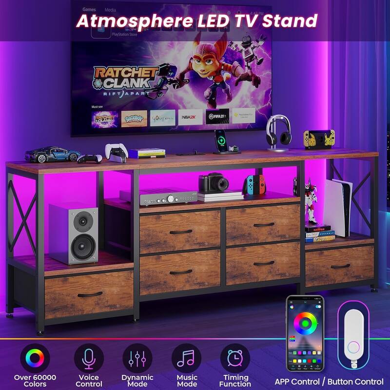 TV Stand with LED Lights Power Outlets Dresser Fabric Drawers Entertainment Center