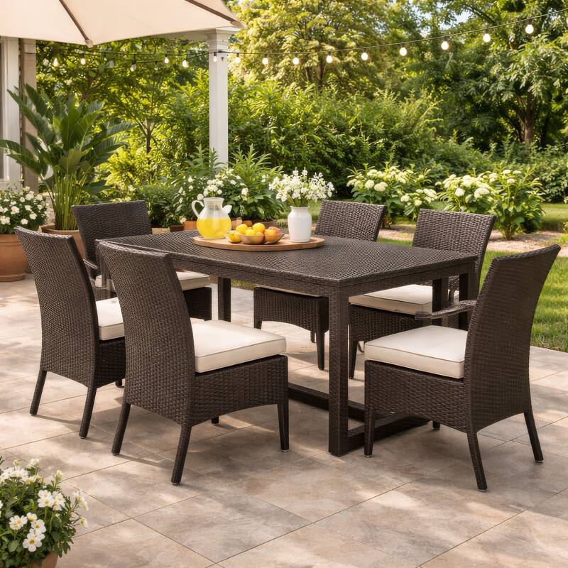 Sanie Outdoor Dining Table, 59 Inch Top, Iron Frame, Brown Resin Wicker