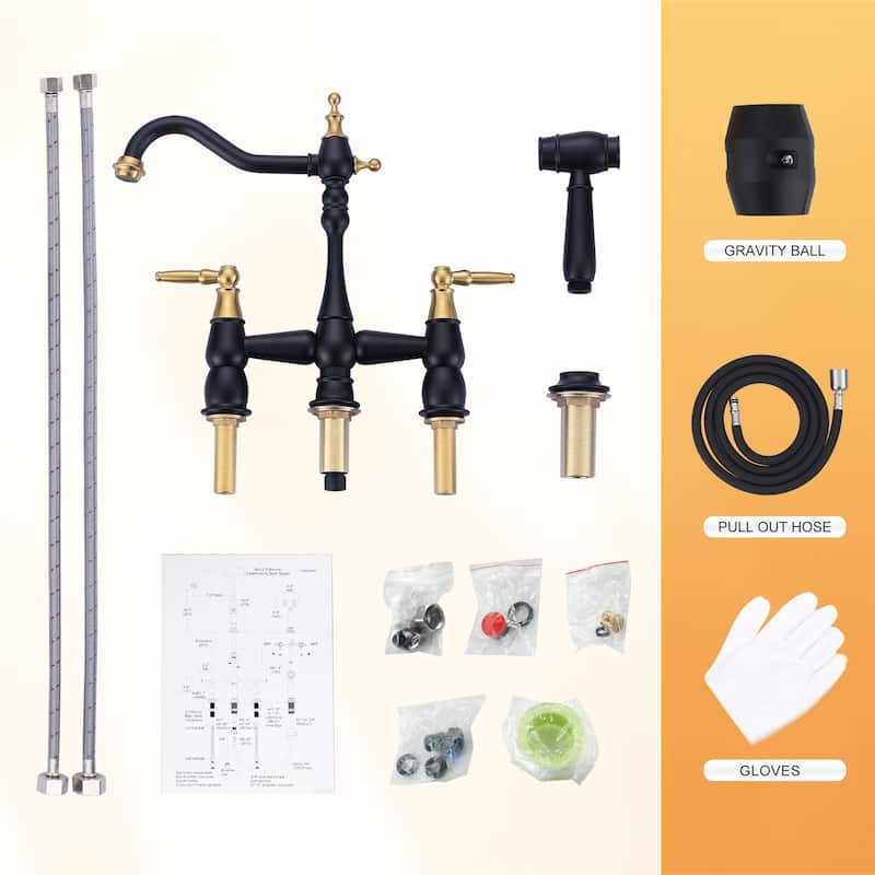 WOWOW 4 Hole Double Handle Bridge Kitchen Faucet with Side Sprayer