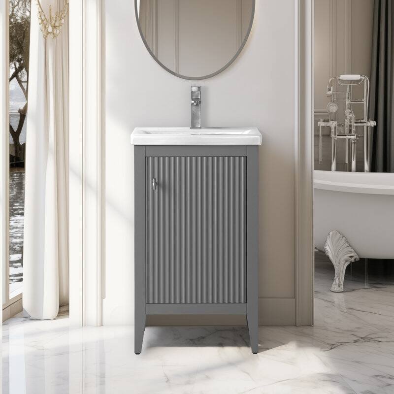 Vanity Art 20" Single Sink Bathroom Vanity Cabinet with Ceramic Top - 20"/Brushed Nickel Handle - Linear Cashmere Gray