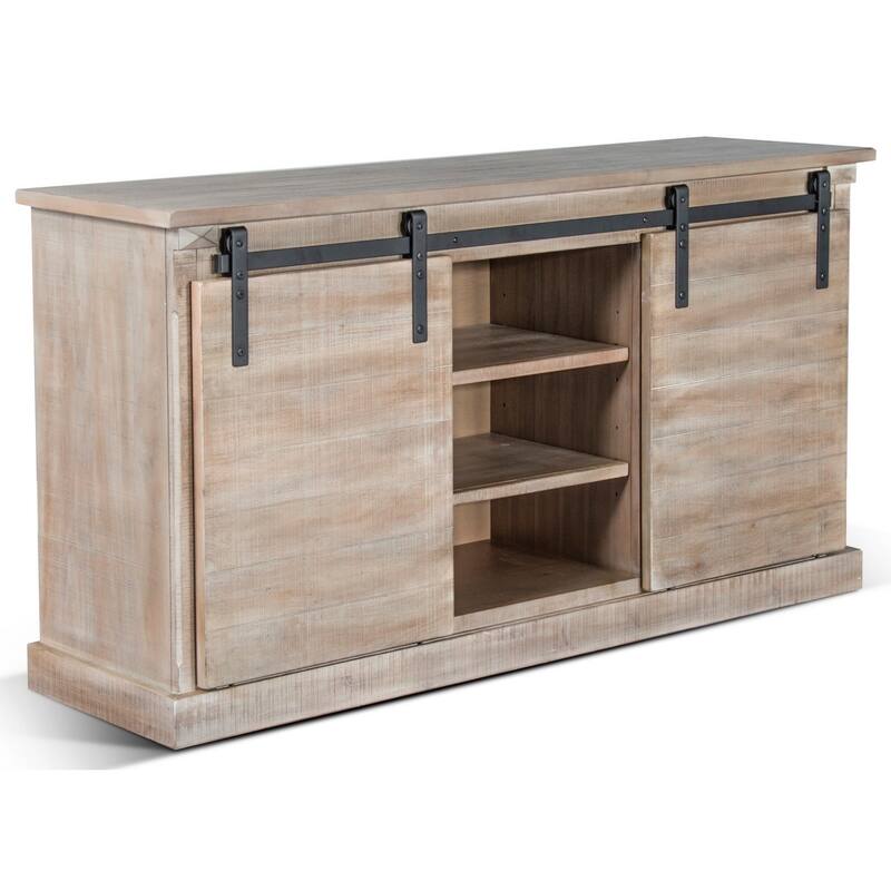 Zena TV Media Console, 3 Shelves, 2 Barn Doors, Taupe Wood, 65 Inch