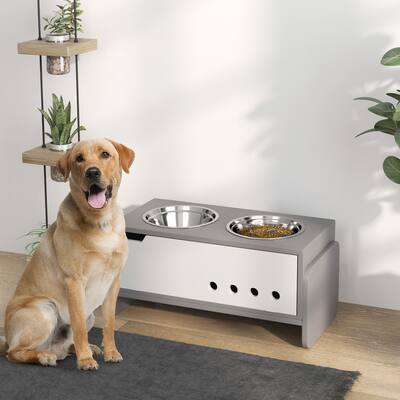 Adjustable Raised Dog Feeding Station with 2 Stainless Steel Bowls and Slow Feeder Mat Gray for Medium to Extra Large Dogs