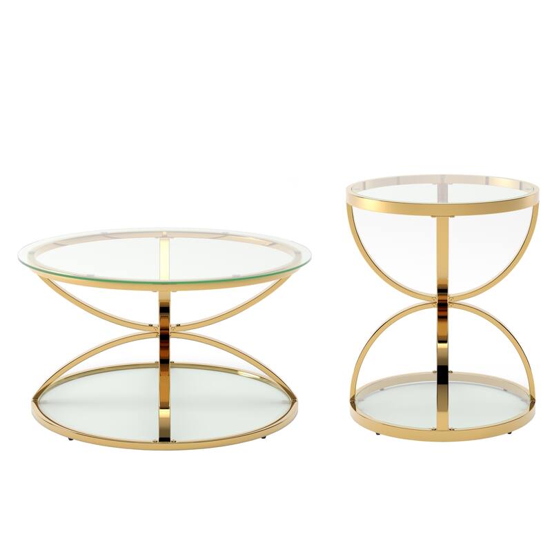 Modern 2 Tiers Glass Coffee Table with Ring-Shaped Metal Frames