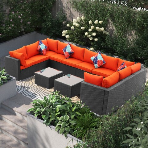 Zenova 12-piece Orange Outdoor Patio Rattan Sofa Sectional Set
