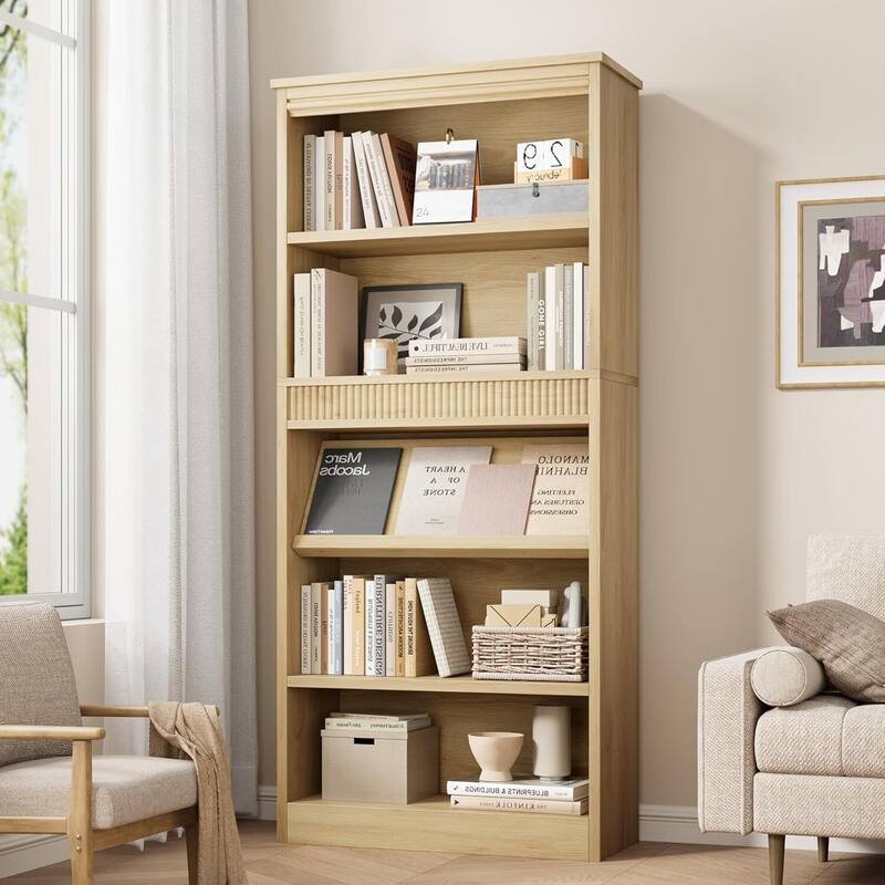 71 Inch Fluted Design Farmhouse Bookcase with Display Rack - N/A - Khaki