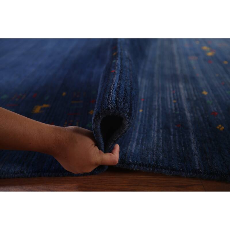Royal Blue Striped Gabbeh Oriental Area Rug Handmade Silk Carpet - 7'8"x 9'5"