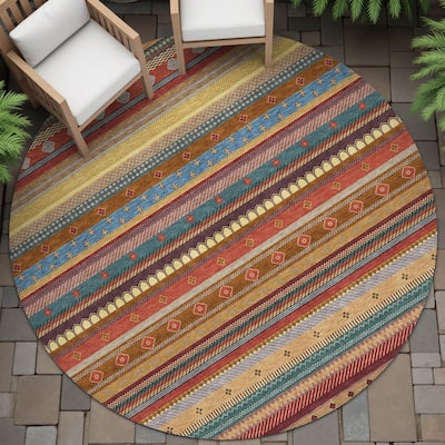 Machine Washable Indoor/Outdoor Boho Stripes Chantille Rug